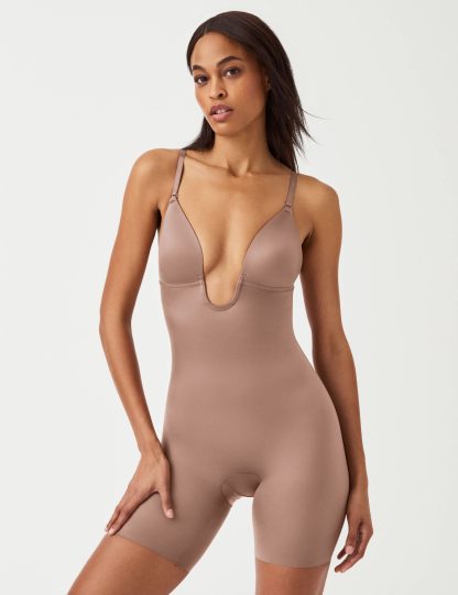 Spanx Women's Suit Your Fancy Medium Control Plunge Low-Back Mid-Thigh Bodysuit - Brown, Brown,Black