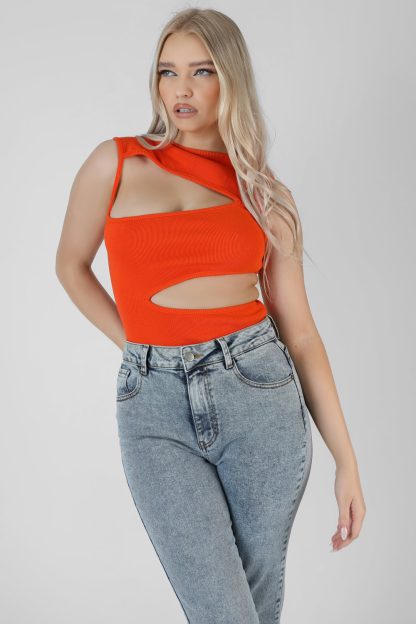 Asymmetric Cut Away Bodysuit Orange