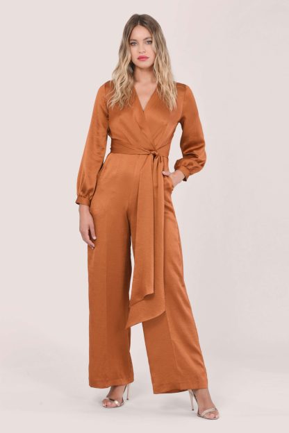 Closet London Rust Satin Long Sleeve Wrap Jumpsuit