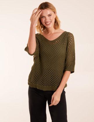 Crochet V Neck Top - ONE / KHAKI