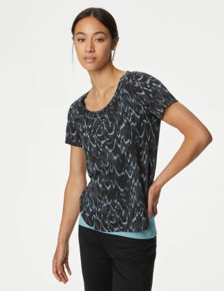 Goodmove Women's Printed Scoop Neck 2-in-1 T-Shirt - 22 - Aqua Mix, Aqua Mix