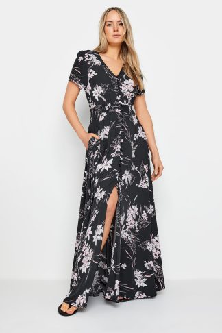 Lts Tall Black Floral Print Shirred Waist Maxi Dress 10 Lts | Tall Women's Floral Dresses