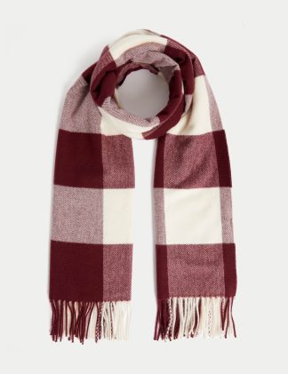 M&S Women's Checked Tassel Scarf - Burgundy Mix, Black Mix,Burgundy Mix,Natural Mix