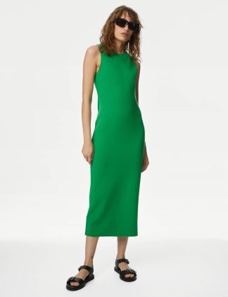 M&S Women's Jersey Round Neck Midi Bodycon Dress - 14REG - Light Green, Light Green