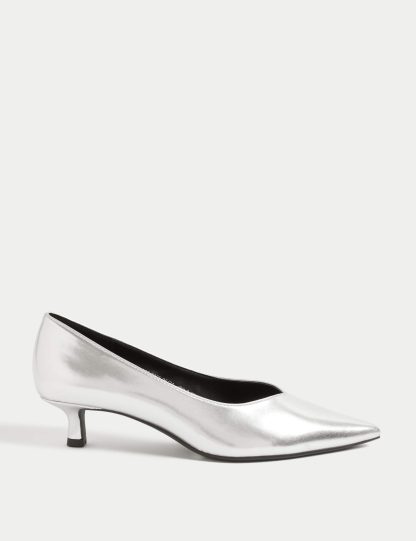 M&S Women's Kitten Heel Pointed Court Shoes - 6 - Silver, Black,Silver