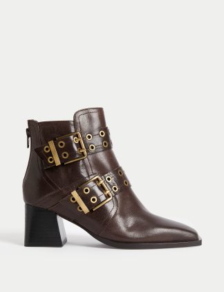 M&S Women's Leather Buckle Detail Block Heel Ankle Boots - 6 - Brown, Brown