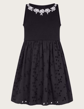 Monsoon Girls Cotton Rich Broderie Dress (3-13 Yrs) - 7-8 Y - Black Mix, Black Mix