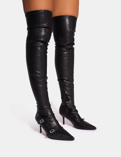 Roulette Black Pointed Toe Diamante Buckle Mid Heel Thigh High Sock Boots