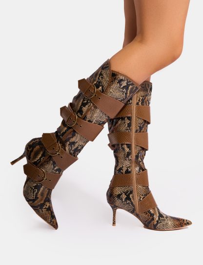 Samurai Snake Multi Buckle Pointed Toe Boots