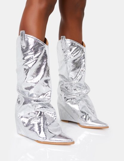 Sheriff Silver Metallic Western Fold Over Block Cowboy Knee High Boots