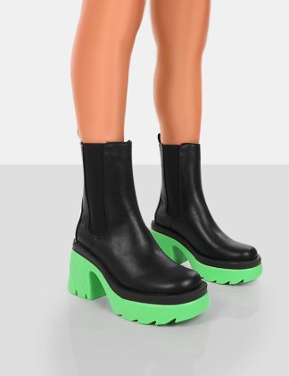 Step Up Black Green PU Platform Chunky Sole Heeled Ankle Boots