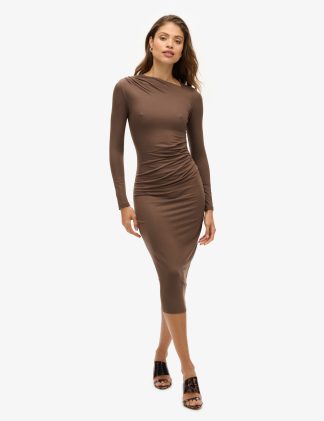 Superdry Women's Ruched Midi Bodycon Dress - 12 - Brown, Black,Brown