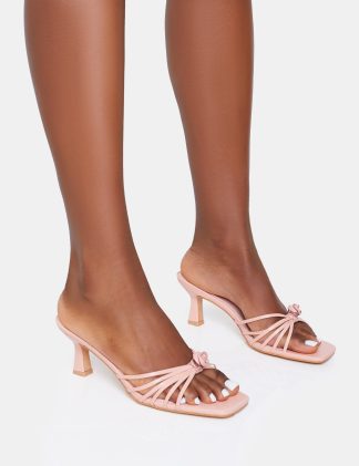 Vertigo Baby Pink PU Flower Detail Strappy Mid Heel Mules