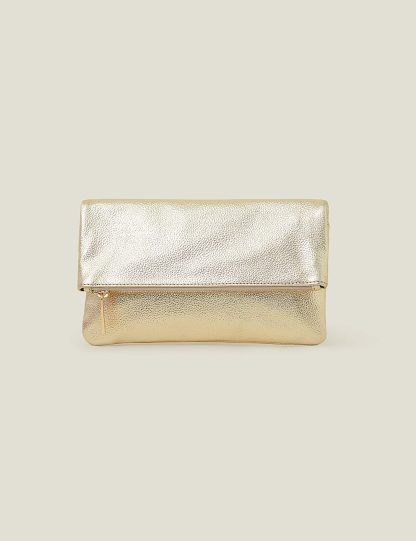 Accessorize Women's Leather Metallic Fold Over Clutch Bag - Gold, Gold