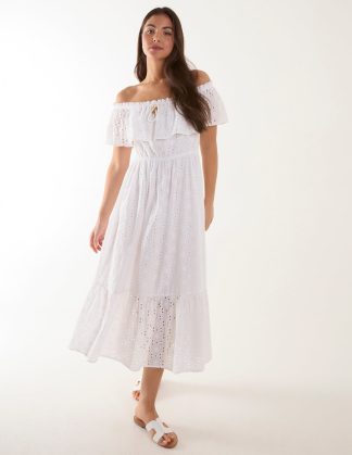 Bardot Beaded Broderie Dress - M / WHITE