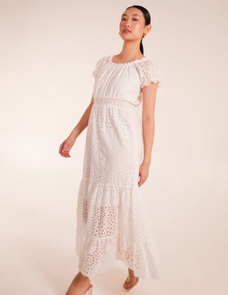 Broderie Anglaise Puff Sleeve Maxi Dress - S / WHITE