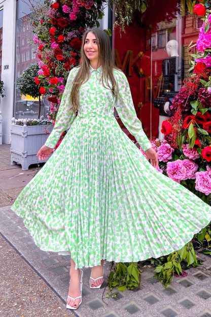 Closet London Lime Green Floral Print Pleated Shirt Dress