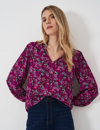 Crew Clothing Women's Ruffle Collar Floral Blouse - 12 - Burgundy Mix, Burgundy Mix