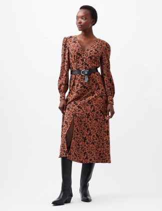 French Connection Women's Crepe Floral V-Neck Midaxi Smock Dress - 12 - Brown Mix, Brown Mix