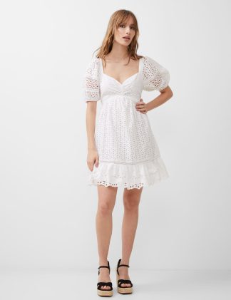 French Connection Women's Pure Cotton Broderie Sweetheart Neckline Mini Skater Dress - 18 - White, White