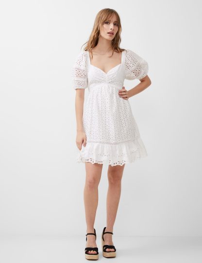 French Connection Women's Pure Cotton Broderie Sweetheart Neckline Mini Skater Dress - 18 - White, White