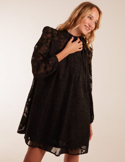 Jacquard Bow Smock Dress - L / BLACK