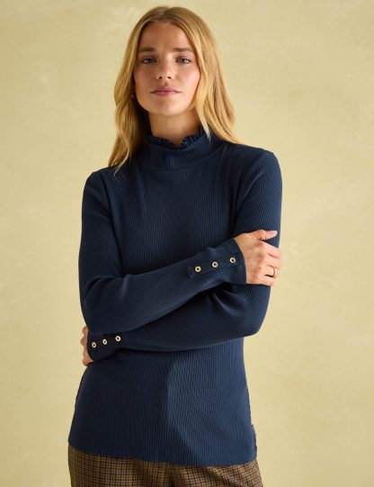 Joules Women's Jersey Ribbed Ruffle Collar Top - 12 - Navy, Navy