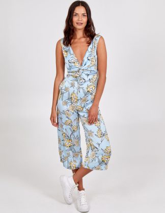 Knot Front V-Neck Culotte Jumpsuit - 16 / BLUE