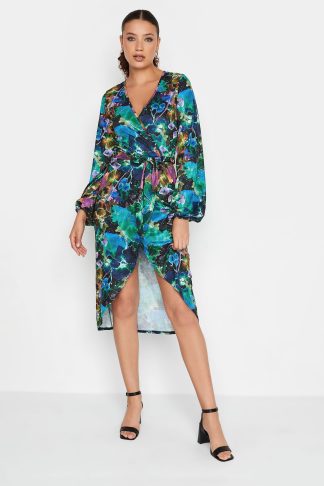 Lts Tall Black & Blue Floral Midi Wrap Dress 10 Lts | Tall Women's Wrap Dresses