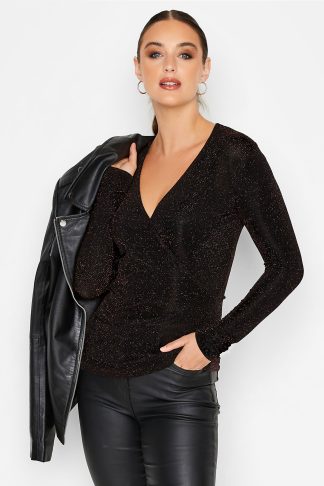 Lts Tall Black & Bronze Glitter Wrap Top 20 Lts | Tall Women's Going Out Tops