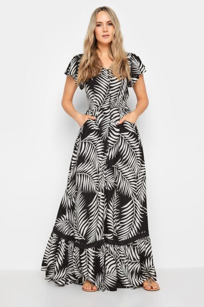 Lts Tall Black & White Tropical Print Front Split Maxi Dress 12 Lts | Tall Women's Maxi Dresses