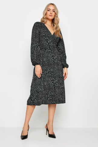 Lts Tall Charcoal Grey Leopard Print Midi Wrap Dress 22-24 Lts | Tall Women's Wrap Dresses