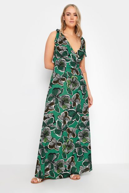 Lts Tall Green Tropical Print Shoulder Tie Maxi Dress 10 Lts | Tall Women's Maxi Dresses