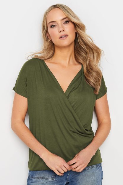 Lts Tall Khaki Green Short Sleeve Wrap Top 10 Lts | Tall Women's Wrap Tops