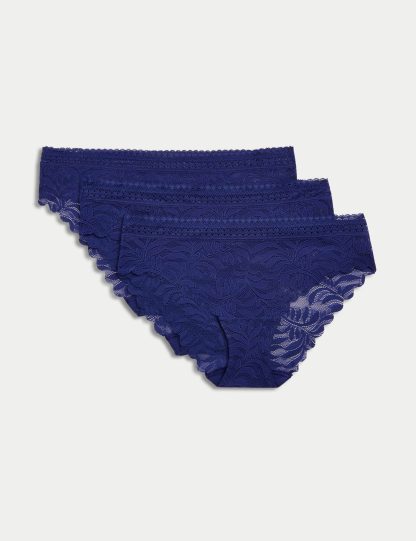 M&S Women's 3pk Flexifit™ Lace Brazilian Knickers - 14 - Bright Indigo, White,Black,Bright Indigo