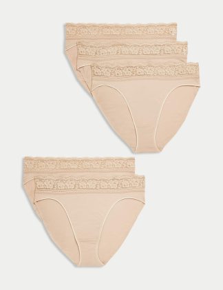 M&S Women's 5pk Cotton Lycra® & Lace Knickers - 12 - Rose Quartz, Rose Quartz,White,Black