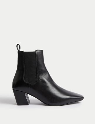 M&S Women's Leather Block Heel Chisel Toe Chelsea Boots - 6 - Black, Black