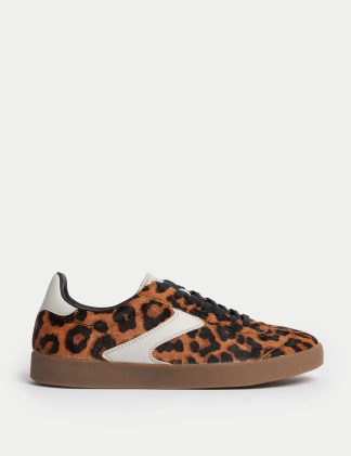 M&S Women's Leather Leopard Print Trainers - 5 - Black Mix, Black Mix