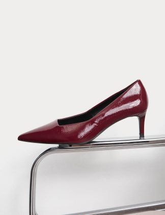 M&S Women's Wide Fit Leather Kitten Heel Court Shoes - 5 - Dark Red, Dark Red