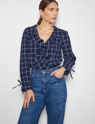 Monsoon Women's Cotton Rich Checked Ruffle Blouse - Navy Mix, Navy Mix