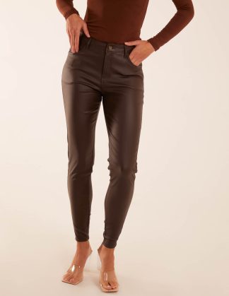 PU Mid Rise Coated Skinny Jeans - 14 / BROWN