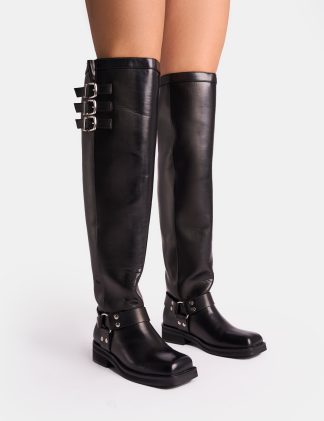 Sagittarius Vintage Black Buckle Detail Thigh High Boots