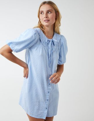 Shirt Dress With Plunge Ruffle - S / Light Blue