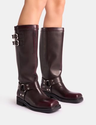 Sirius Burgundy Vintage Buckle Knee Hight Flat Boots