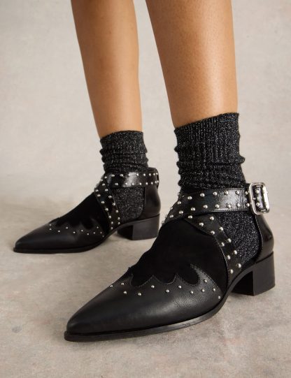 White Stuff Women's Leather Studded Buckle Pointed Ankle Boots - 6 - Black, Black