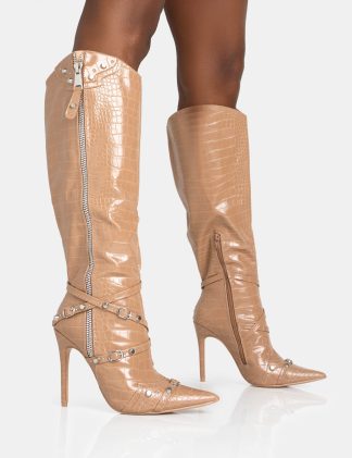 Worthy Camel Croc Studded Zip Detail Pointed Stiletto Knee High Boots