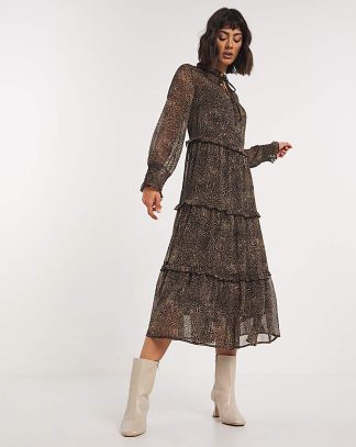 Animal Print Chiffon Tiered Smock Dress