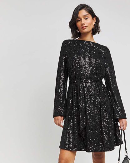 Black Sequin Skater Dress