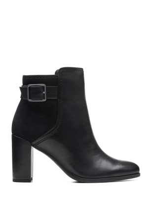 Clarks Women's Leather Buckle Block Heel Ankle Boots - 6 - Black, Black