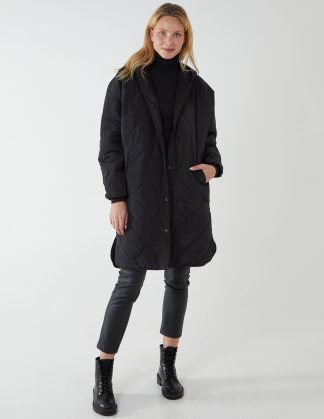 Diamond Quilted Coat - S / BLACK